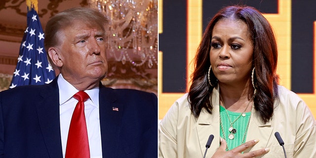 A split photo of former U.S. President Donald Trump on November 15, 2022 in Palm Beach, Florida and Michelle Obama on June 13, 2022 in Los Angeles, California. 