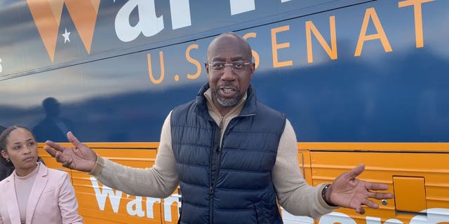 Sen. Raphael Warnock, D-Ga., speaks with Fox News Digital following a campaign rally in Tifton, Georgia, on Nov. 29, 2022.