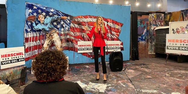 Former Republican Georgia Sen. Kelly Loeffler rallies a group of women to support Republican Senate nominee Herschel Walker at Penley Art Gallery in Atlanta, Georgia, on December 1, 2022.