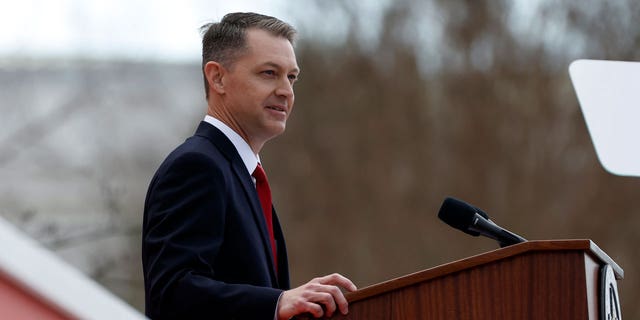 Alabama Secretary of State Wes Allen speaks during the inauguration ceremony on the steps of the Alabama state Capital in Montgomery, AL, on Jan. 16, 2023.