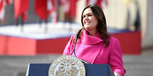 Arkansas Gov. Sarah Huckabee Sanders speaks after taking the oath of the office on the steps of the Arkansas Capitol Tuesday, Jan. 10, 2023, in Little Rock, Ark. (AP Photo/Will Newton)