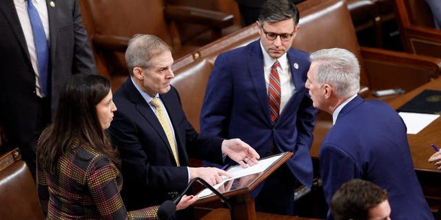 WASHINGTON, DC - JANUARY 03: (L-R) U.S. Rep. Elise Stefanik (D-NY), Rep. Jim Jordan (R-OH), Rep. Mike Johnson (R-LA) and House Minority Leader Kevin McCarthy (R-CA) talk as the House of Representatives holds their vote for Speaker of the House on the first day of the 118th Congress in the House Chamber of the U.S. Capitol Building on January 03, 2023 in Washington, DC.