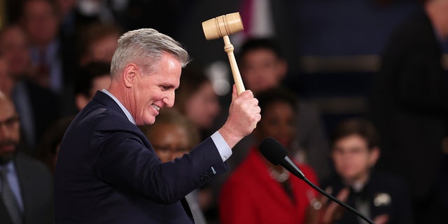 Kevin McCarthy celebrates with the gavel after being elected House speaker at the U.S. Capitol on Jan. 7, 2023.