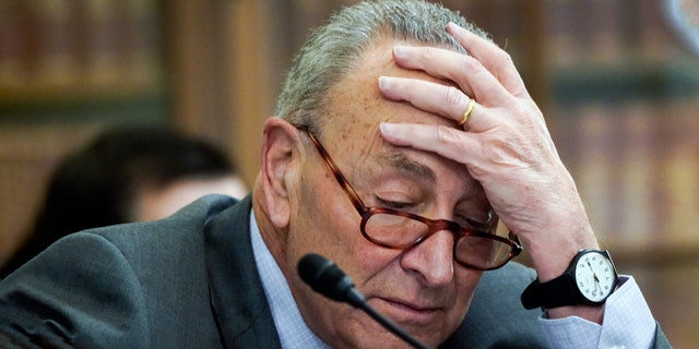 Senate Majority Leader Chuck Schumer of N.Y., is seated before a Senate Rules and Administration Committee. 