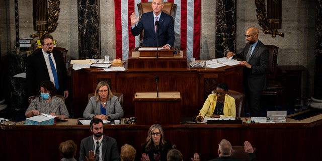 FILE: Speaker of the House Kevin McCarthy, R-Calif., swears in the officers of the House of Representatives in the House Chamber of the U.S. Capitol Building on Saturday, Jan. 7, 2023 in Washington, DC. 