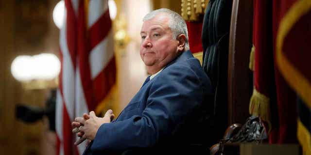 Former Ohio House Speaker Larry Householder sits at the head of a legislative session in Columbus, Ohio, on Oct. 30, 2019. The former Ohio House speaker goes on trial next week in a case arising from a $60 million federal bribery investigation that federal prosecutors label the largest corruption case in state history. 