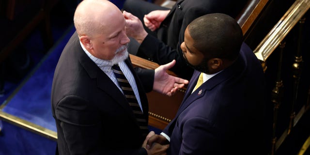 U.S. Rep.-elect Chip Roy (R-TX) (L) talks to Rep.- elect Byron Donalds (R-FL) in the House Chamber during the second day of elections for Speaker of the House at the U.S. Capitol Building on January 4, 2023 in Washington, DC.