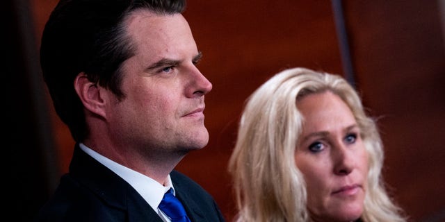 Reps. Marjorie Taylor Greene and Matt Gaetz hold a news conference in the Capitol Visitor Center on Nov. 17, 2022.