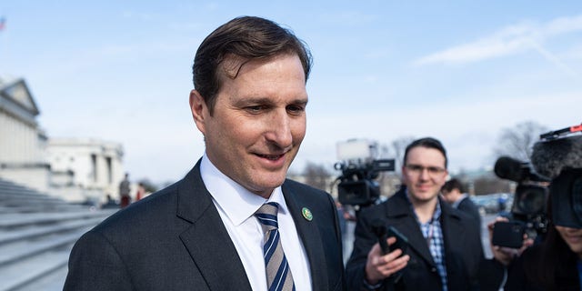 UNITED STATES - JANUARY 12: Rep. Dan Goldman, D-N.Y., speaks to reporters about Rep. George Santos on the House steps after votes on Thursday, January 12, 2023. (Bill Clark/CQ-Roll Call, Inc via Getty Images)