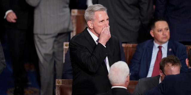 Rep. Kevin McCarthy, R-Calif., arrives to the House chamber at the beginning of an evening session after six failed votes to elect a speaker and convene the 118th Congress in Washington, Wednesday, Jan. 4, 2023. 