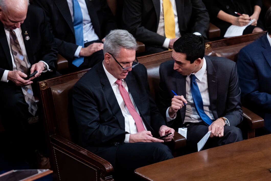 John Leganski, Deputy Chief of Staff for Floor Operations to Republican Leader Kevin McCarthy, speaks with Kevin McCarthy following another failed bid to secure the speakership on Thursday, January 5, 2023. 