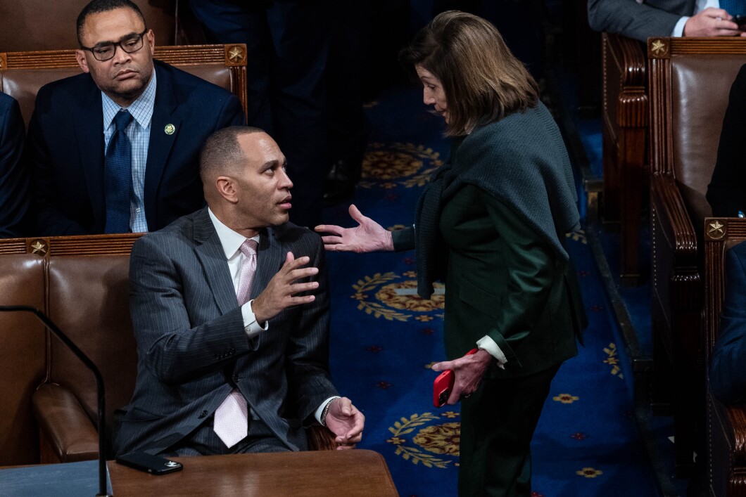 Democratic Leader Hakeem Jeffries speaks with former House Speaker Nancy Pelosi, in the House chamber, on Wednesday, Jan. 4, 2023. House GOP Leader Kevin McCarthy suffered yet another defeat at the hands of a group of Republican dissidents.