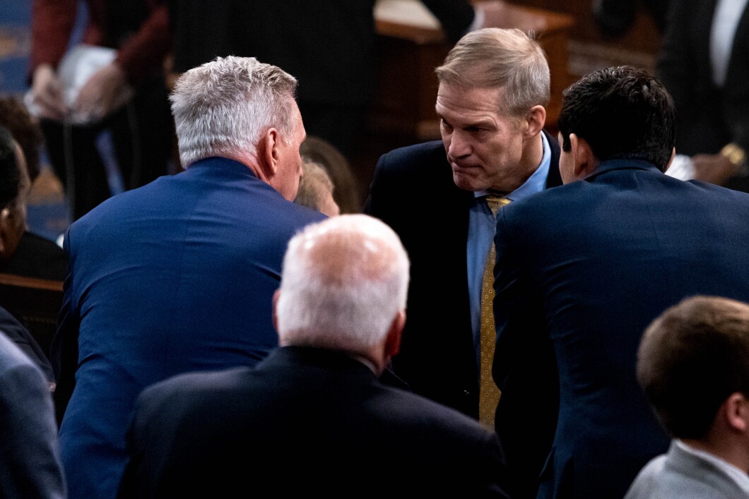 Rep.-elect Jim Jordan speaks with Republican leader Kevin McCarthy following another round of voting for a new House speaker on the first day of the 118th Congress, Tuesday, January 3, 2023. The House reconvened after failing to elect a speaker Tuesday.