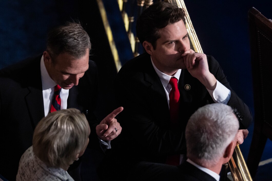 Rep.-elect Matt Gaetz of Florida reflects, and confers with colleagues on the House floor, following another round of voting for a new House speaker on the first day of the 118th Congress, Tuesday, January 3, 2023.