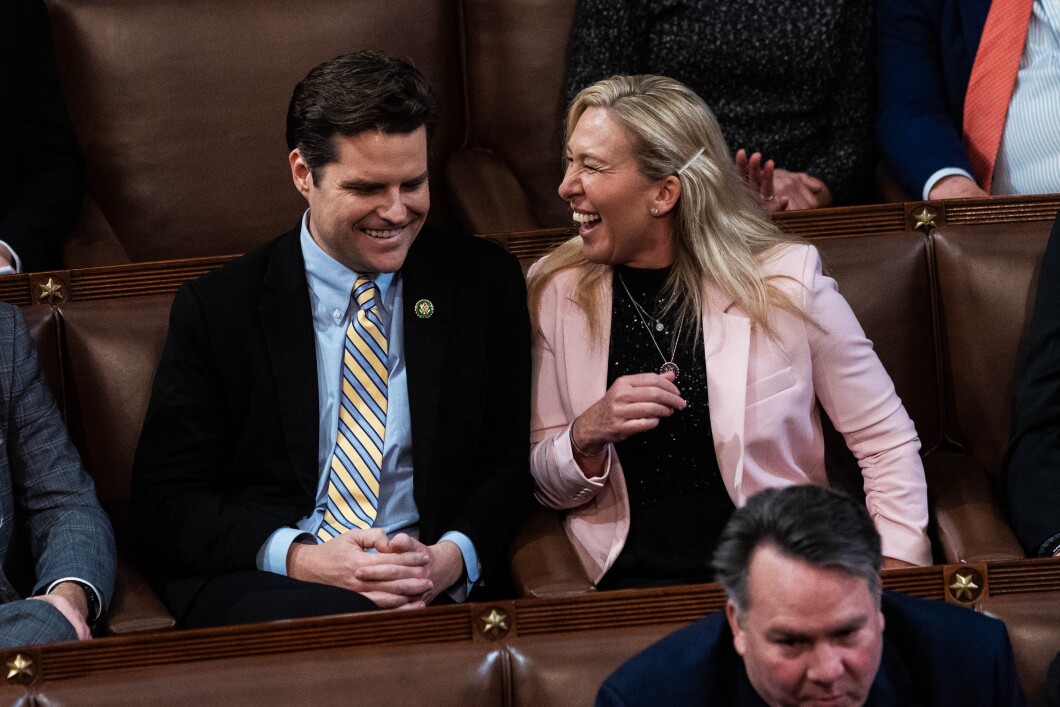 Rep.-elect Marjorie Taylor Greene of Georgia jokes with Rep.-elect Matt Gaetz of Florida,
on Thursday, Jan. 5, 2023, during the third day of elections for speaker of the House. 