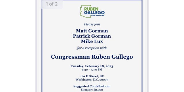 A campaign flyer from the Senate campaign of Rep. Ruben Gallego, D-Ariz., advertises a fundraiser with prominent Democrat lobbyists.