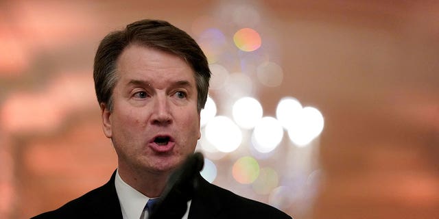 Supreme Court Justice Brett Kavanaugh speaks at an event. Protesters gathered outside the justice's home on Sunday, January 22, 2023, on the 50th anniversary of the landmark Supreme Court decision Roe v. Wade.