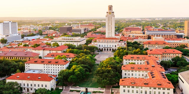 University of Texas Austin campus at sunset-dusk – aerial view