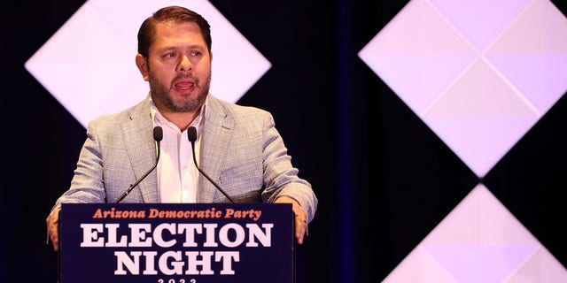 Rep. Ruben Gallego speaks to supporters at an election night watch party on Nov. 8, 2022, in Phoenix.