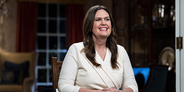 Sarah Huckabee Sanders, governor of Arkansas, speaks while delivering the Republican response to President Biden's State of the Union address in Little Rock, Arkansas, US, on Tuesday, Feb. 7, 2023. 