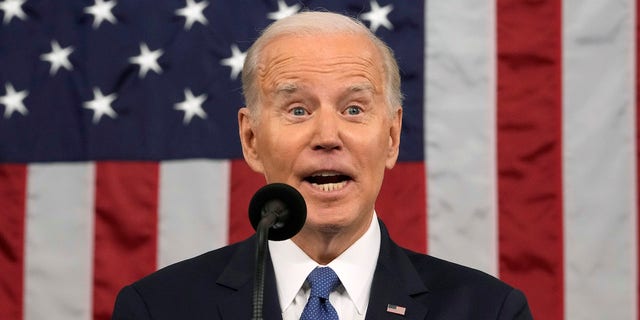 US President Joe Biden speaks during a State of the Union address at the US Capitol in Washington, DC, US, on Tuesday, Feb. 7, 2023.