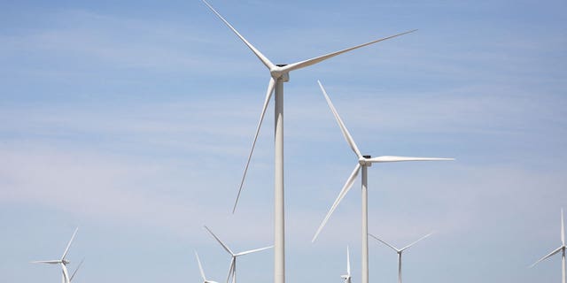 Wind turbines are photographed in Palm Springs, California.