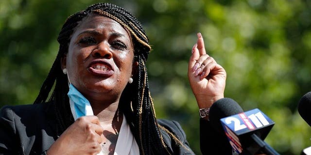 FILE - In this Aug. 5, 2020, file photo, Activist Cori Bush speaks during a news conference Wednesday, Aug. 5, 2020, in St. Louis. 