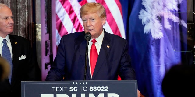 Former President Trump speaks at a campaign event at the South Carolina Statehouse, Saturday, Jan. 28, 2023, in Columbia, South Carolina.