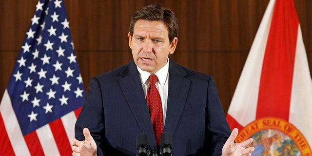 Florida Gov. Ron DeSantis speaks during a press conference proposing anti-crime legislation at the Police Benevolent Association in Miami on Jan. 26, 2023.