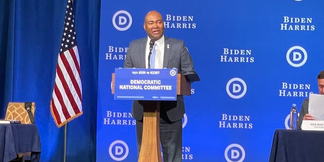 Democratic National Committee chair Jaime Harrison speaks at the DNC's winter meeting, in Philadelphia, Pennsylvania on Feb. 4, 2023