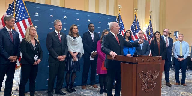 House Majority Leader Steve Scalise, R-La., speaks during a House Republican press conference ahead of President Biden's State of the Union address. 