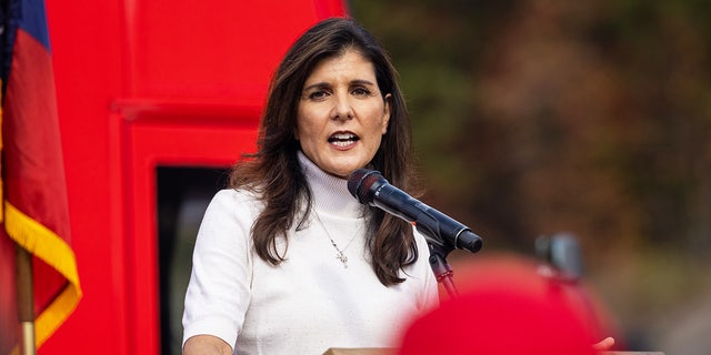 Former UN Ambassador Nikki Haley speaks at a rally for Georgia Senate candidate Herschel Walker in Hiram, Georgia on November 6th, 2022.