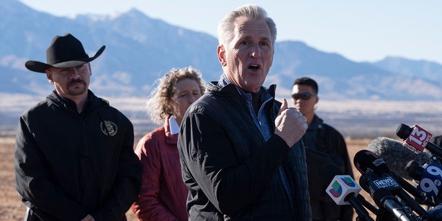 Speaker of the House of Representatives Kevin McCarthy speaks during a press conference at the U.S.-Mexico Border in Cochise County near Sierra Vista, Arizona, on Feb. 16, 2023.