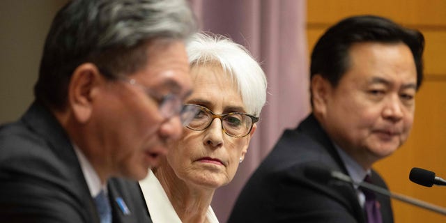 Deputy Secretary of State Wendy Sherman talks during a press availability with Vice Minister Mori Takeo, left, and First Vice Minister Cho Hyundong at the State Department in Washington, D.C., on Feb. 13, 2023. (Jim Watson/AFP via Getty Images)