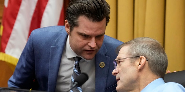 U.S. Rep. Matt Gaetz, R-Fla., talks to Rep. Jim Jordan, R-Ohio, Chairman of the House Judiciary Committee, on Capitol Hill, February 01, 2023, in Washington, DC. 