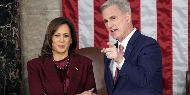 Vice President Kamala Harris talks with House Speaker Kevin McCarthy of Calif., before President Joe Biden arrives to deliver the State of the Union address to a joint session of Congress at the U.S. Capitol, Tuesday, Feb. 7, 2023, in Washington.