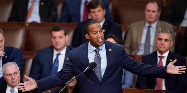 John James is pictured speaking in Washington on Jan. 5, 2023. James is opting out a campaign for the Senate seat which is being vacated by Democrat Debbie Stabenow in 2024.