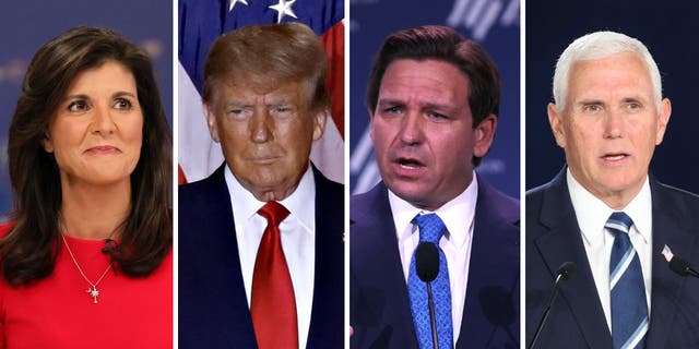 From left to right, former U.N. Ambassador Nikki Haley, former President Donald Trump, Florida Gov. Ron DeSantis and former Vice President Mike Pence.