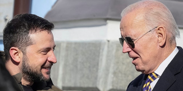 President Biden and Ukraine's President Volodymyr Zelenskyy visit Saint Michael’s cathedral, amid Russia's attack on Ukraine, in Kyiv, Ukraine, Feb. 20, 2023. 