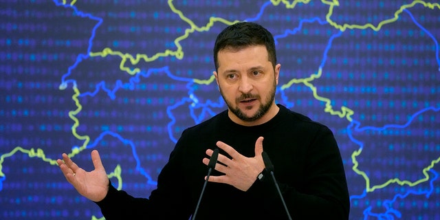 Ukrainian President Volodymyr Zelenskyy addresses a media conference after the EU-Ukraine summit in Kyiv, Ukraine, Friday, Feb. 3, 2023. 