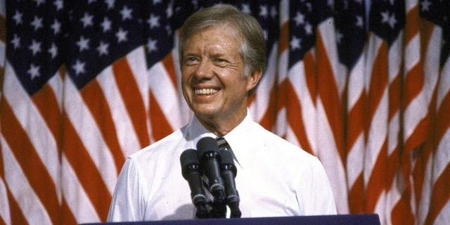 President Jimmy Carter gives a speech at Merced College. 