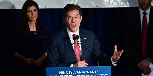 Republican Pennsylvania Senate nominee Dr. Mehmet Oz speaks at an event with Nikki Haley on October 26, 2022 in Harrisburg, Pennsylvania. 