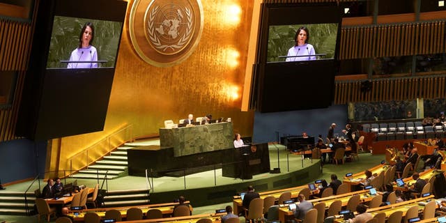 Germany's foreign minister Annalena Baerbock address the United Nations General Assembly before a vote for a U.N. resolution upholding Ukraine's territorial integrity and calling for a cessation of hostilities after Russia's invasion, Thursday Feb. 23, 2023, at U.N. headquarters.