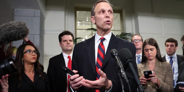 U.S. Rep. Scott Perry (R-PA) speaks to reporters following a meeting with House Republicans at the U.S. Capitol Building on January 03, 2023, in Washington, DC.