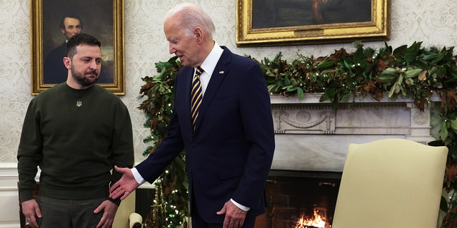 U.S. President Joe Biden meets with President of Ukraine Volodymyr Zelensky in the Oval Office of the White House on December 21, 2022 in Washington, DC. 