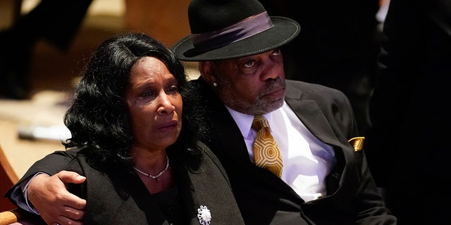 RowVaughn Wells, left, cries as she and her husband Rodney Wells attend the funeral service for her son Tyre Nichols at Mississippi Boulevard Christian Church in Memphis, Tennessee, on Wednesday, Feb. 1, 2023.