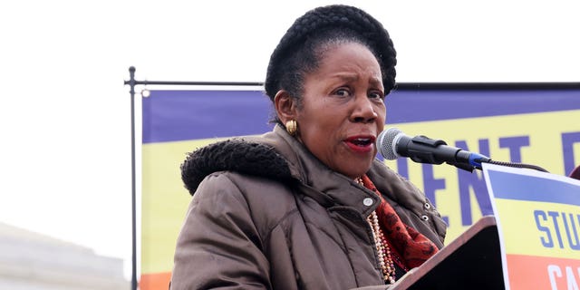 Representative Sheila Jackson Lee speaks as student loan borrowers and advocates gather for the People's Rally To Cancel Student Debt During The Supreme Court Hearings On Student Debt Relief on February 28, 2023, in Washington, DC.