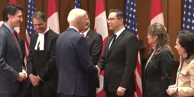 President Biden greets Canadian Conservative Leader Pierre Poilievre on Friday. 