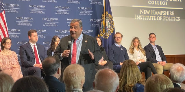 Former New Jersey Gov. Chris Christie, a 2016 Republican presidential candidate who's considering another White House run, headlines a town hall in New Hampshire at Saint Anselm College, on March 27, 2023, in Goffstown, N.H. 