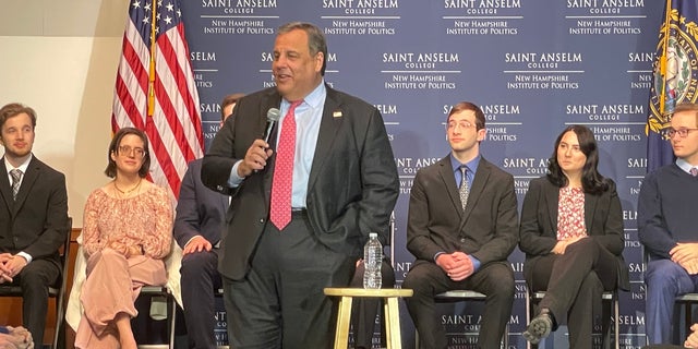 Former New Jersey Gov. Chris Christie, a 2016 Republican presidential candidate who's considering another White House run, headlines a town hall in New Hampshire at Saint Anselm College, on March 27, 2023, in Goffstown, N.H. 